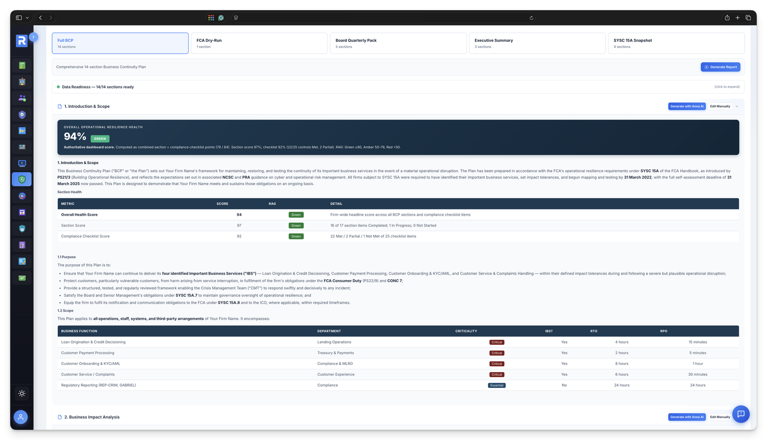 Full Business Continuity Plan drafted by Anna AI in 60 seconds from live data